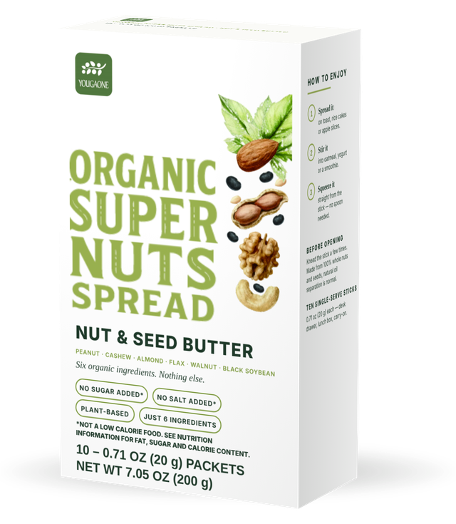 Organic Super Nuts Spread North-America box, shown at an angle with its side panel